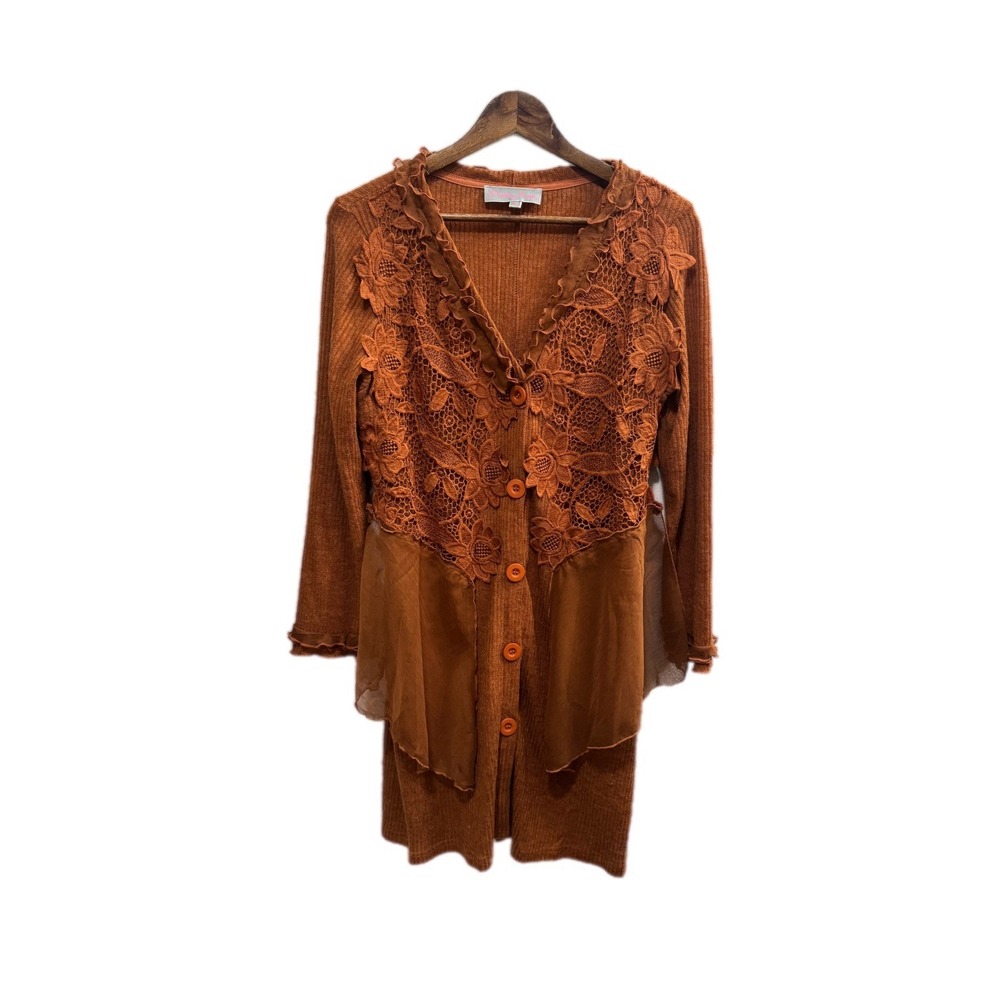 Pretty Angel Cardigan Womens Large Rust Excellent Crochet Lace Boho Mixed Media